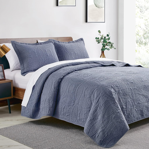 King Size Quilt Set Blue Bedspreads - Soft Bed Summer Quilt Lightweight Microfib - Picture 2 of 12