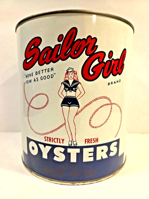 Vintage Sailor Girl Oysters 1 Gal Can, Edwin M. Plitt Sons Seafood Co Chicago IL