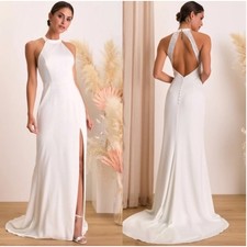 NWT Lulus Radiant Adoration White Satin Lace Backless Halter Maxi Dress Size XL