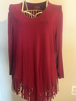Slim Factor by Investments Fringe Tunic Blouse L Knit Red Long Sleeve