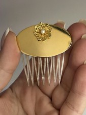 Vintage Gold Tone Floral Hair Comb Pearl Accent Romantic Victorian Style