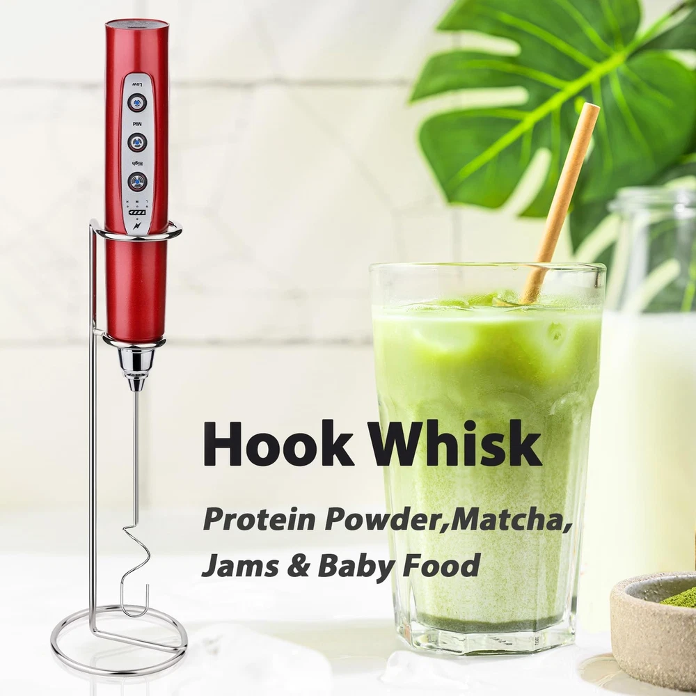 Milk Frother with Stand Rechargeable-Handheld Frother Wand with 3 Stainless W...