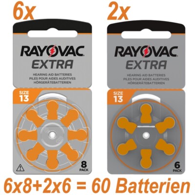 60x (6x8+2x6) Hörgeräte-Batterien Typ 13 Rayovac Extra (vormals Extra Advanced)