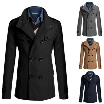 Men's Lapel Double Breasted Woolen Jacket Peacoat Outwear Slim Fit