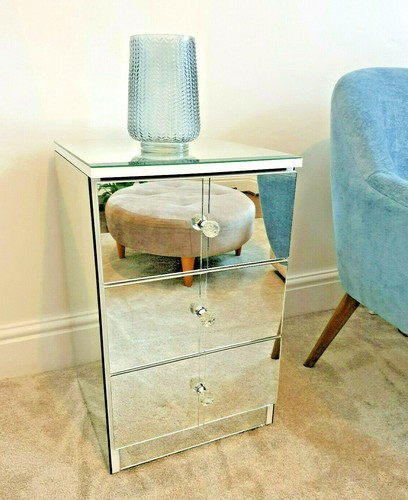 Mirrored Glass Bedside Table Cabinet 3 Drawer Chest Crystal Handles Handmade UK - Picture 7 of 12