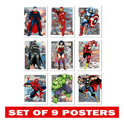 Superhelden Comics Figuren Poster - Justice League und Marvel Avengers 9er Set