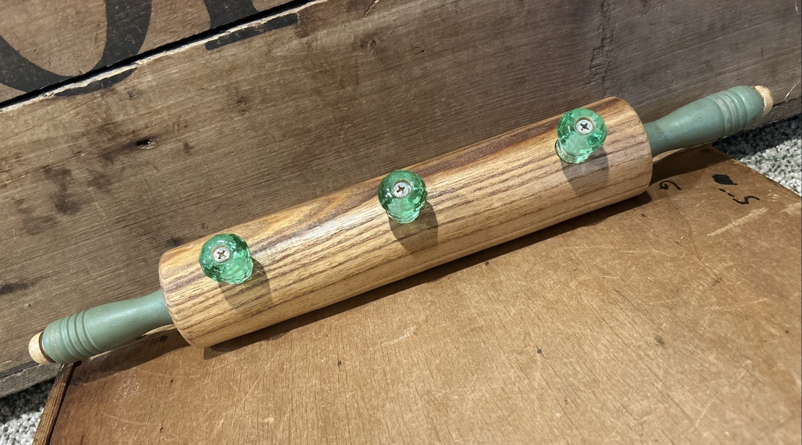 Vintage Cottage Core Wood Rolling Pin Green Handles Glass Knobs Peg Rack