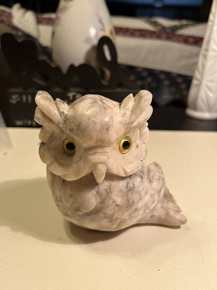 Vintage White/ Gray Alabaster Owl Figurine /Sculpture Made In Italy 3.5 in Tall