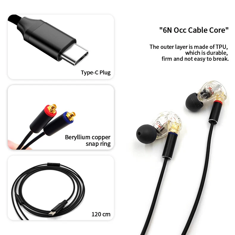 Cable tipo C a MMCX con micrófono para auriculares SHURE JVC AKG SONY Fiio Westone UE900 Foto 4 de 4