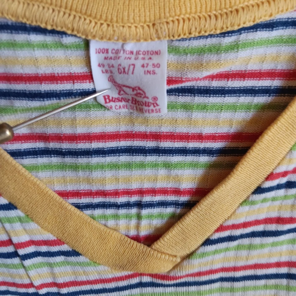 Camiseta Buster marrón vintage de 6/7 para niños años 70 sin mangas a rayas puntada única Foto 3 de 4