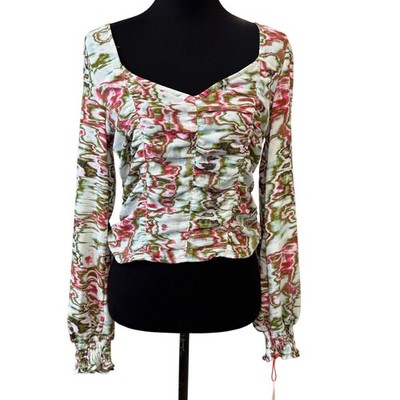 New OPEN EDIT NORDSTROM Women's Blue Green Ripple Ruched Crop Top Size L