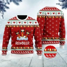 Ugly Christmas Sweater Funny Beer Pun 'Reinbeer' Glasses Holiday Drinking Jumper