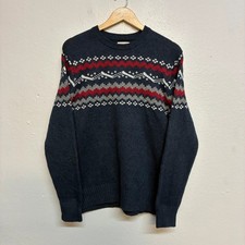 Vintage Fair Isle Pattern Knit Jumper Mens L Navy Red Grey Nordic Sweater