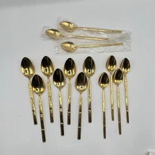 14 Pc Stanley Roberts Gold Bamboo Silverware Flatware Iced T Spoons/Spoons READ!