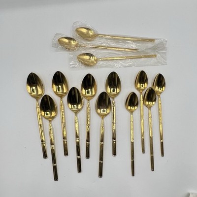 14 Pc Stanley Roberts Gold Bamboo Silverware Flatware Iced T Spoons/Spoons READ!