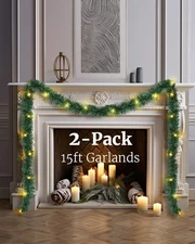 2Pack Lighted Christmas Garland, 15FT Pre-Lit Christmas Garland with Lights P...