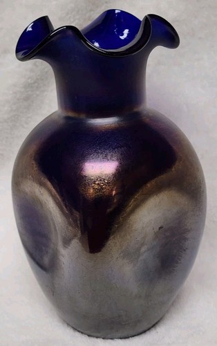 Antique LOETZ Cobalt Blue IRIDESCENT GLASS Dimple Vase Quatrafoil Lip 1900S - Picture 5 of 24