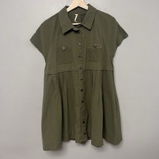 Free People Ronnie Mini Dress Army Green Poplin Pleated Button Front XS