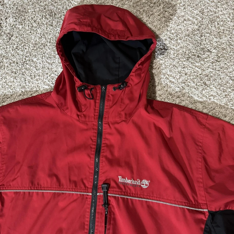 Timberland Jacket Mens Large Red Black Hooded Full Zip Performance Windbreaker - Image 2 of 4