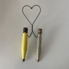 Wood Spools on Wrought Iron Heart Hanger Antique Primitive Rustic Decor 13"