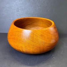 Vintage Mid Century Modern Hand Turned Wooden Bowl Round Solid Wood Centerpiece