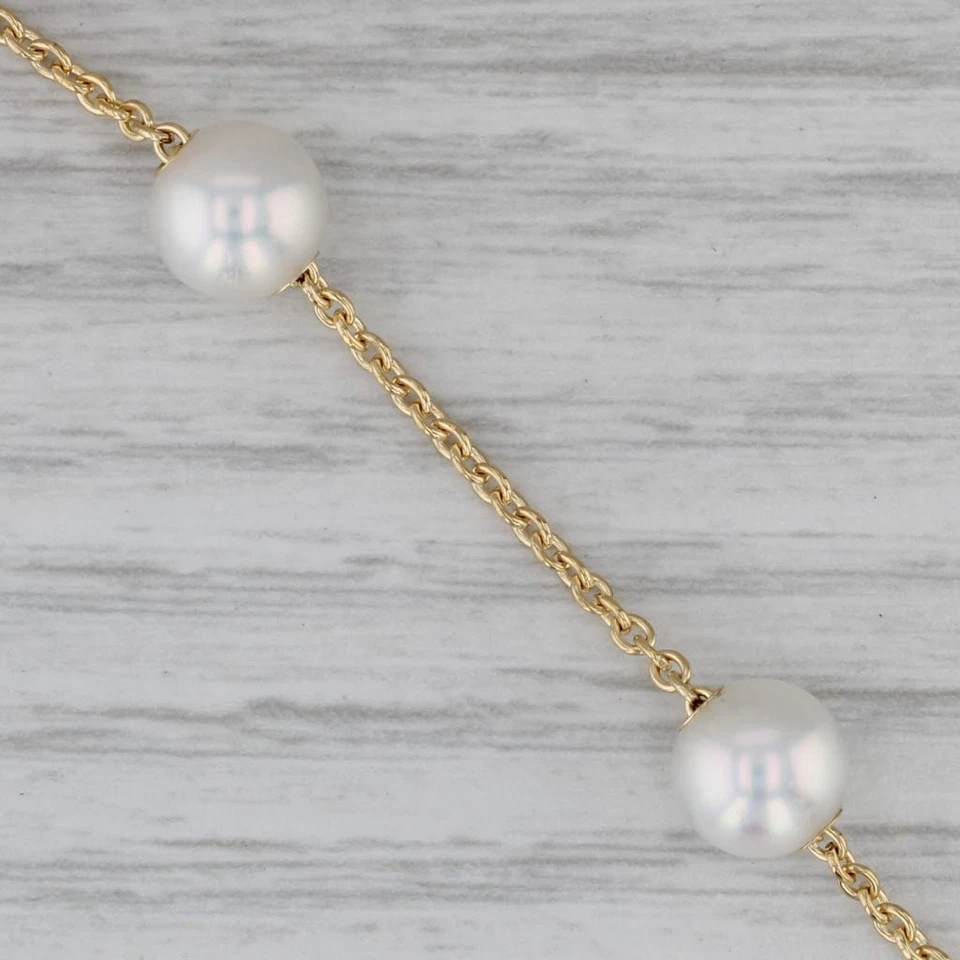 Mikimoto Cultured Pearl Station Bracelet w/ Pouch 18k Yellow Gold 8" Cable Chain - Image 3 of 4