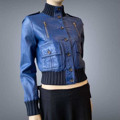 GUCCI Madonna vintage anni 2000 Y2K giacca bomber pelle blu taglia 42IT S - Foto 3 di 18