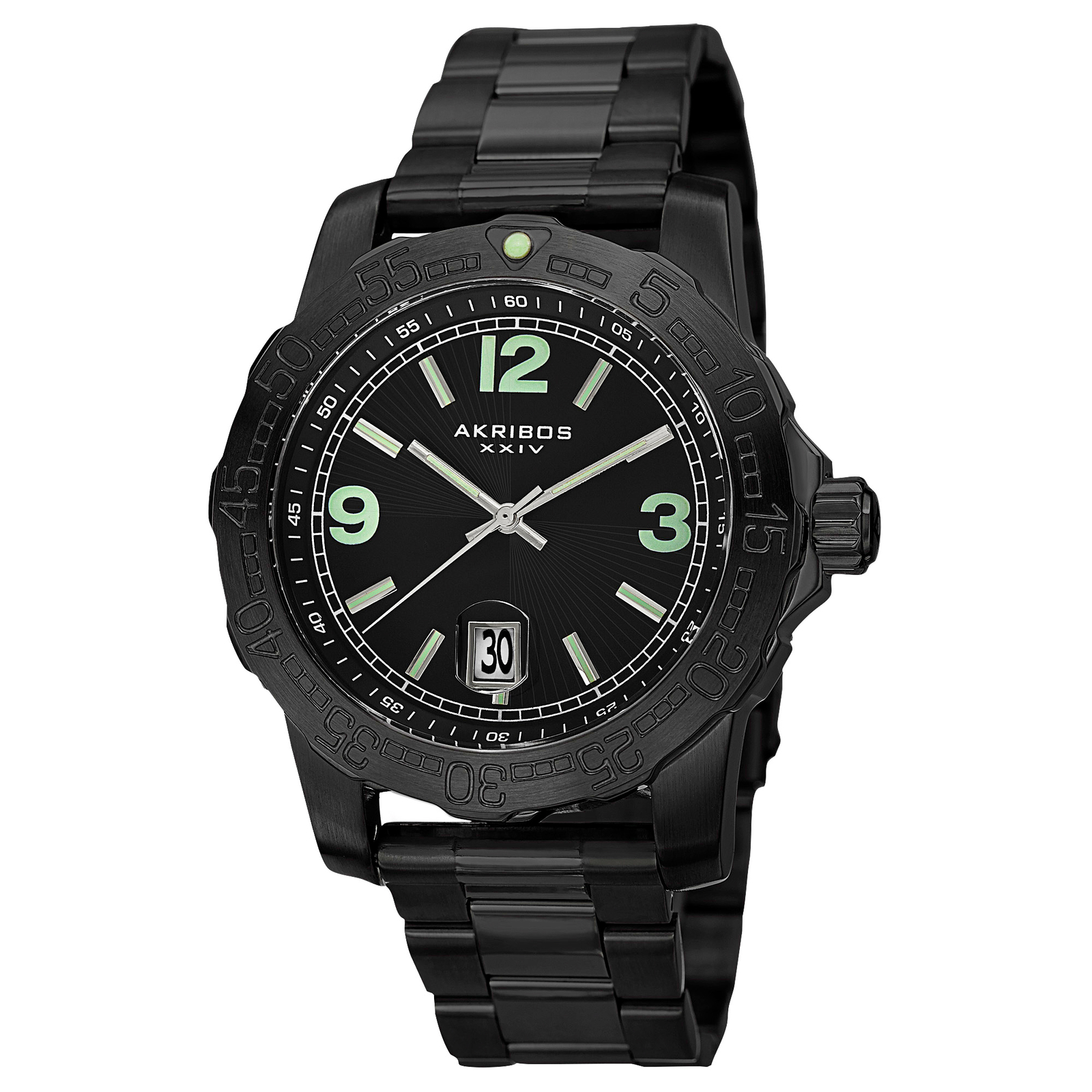 Men's Akribos XXIV AK696BK Magnified Date Luminescent Dial Stainless
