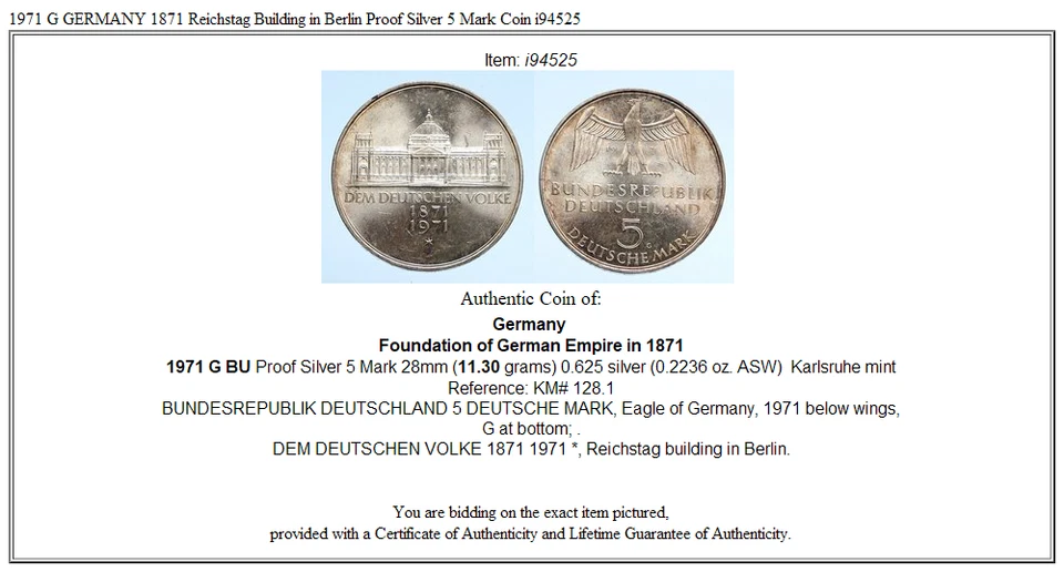 1971 G GERMANY 1871 Reichstag Building in Berlin Proof Silver 5 Mark Coin i94525 - Image 3 of 3