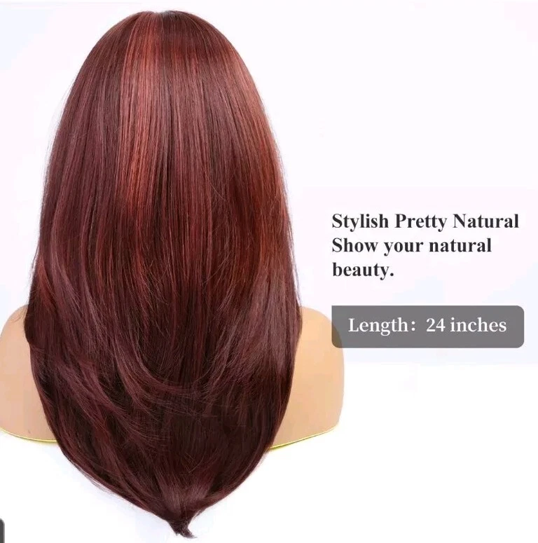 US 24 pulgadas Cosplay Peluca con flequillo Mujeres Cabello Sintético Moda Uso Diario Vino Tinto Foto 4 de 4