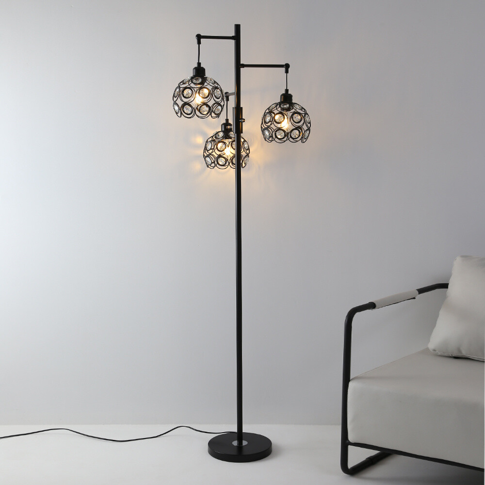 3Head Vintage Floor Lamp Jewelled Crystal Dome Sphere Shape Tall Lamp