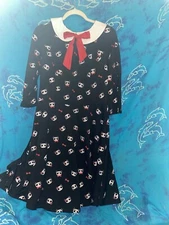 Unique vintage adorable panda bear fit flare Peter Pan collar black dress 1X