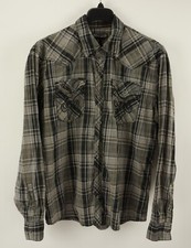 Affliction Men's 2X Long Sleeve Plaid Skull Logo Chrome Metal Button Up Shirt