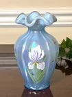 Fenton Irises on Iridescent Opalescent Blue 7” Signed Vase Original Sticker