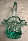 Vtg Decorative FENTON Art Glass Holiday Teal Blue Green VULCAN Ruffled Basket