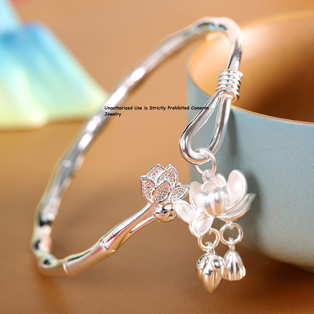 Pure S999 Fine Silver 999 Bracelet Women Lukcy Lotus Open Bangle
