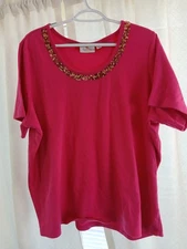 The Quacker Factory Hot Pink Short Sleeve Shirt With Pink And Gold Sequins 2X