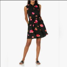 NWT Amazon Essentials Women's Sleeveless Woven Shirt Dress Black Pink Floral S