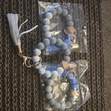3 pcs Beaded Bracelet Key Chain with Light Blue, White  Gold Tassel