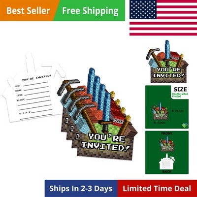 Mining Pixel World Video Game Birthday Party Invites For Boy Kids - 20 Count ...
