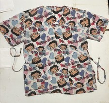 Womens Betty Boop Cartoon Scrub Top XL Tie Strings And Front Pockets Fast Ship