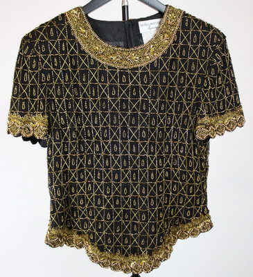 Vintage 80s/90s Papell Boutique Silk Beaded Evening Top   Black Gold S/M