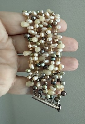 Multi strand Pearl And Gem Bracelet Sterling Silver Clasp