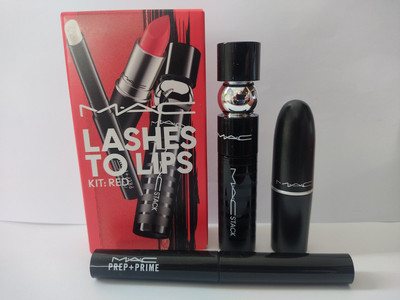 MAC Lashes to Lips Set Primer Stack Mascara Lippenstift Originalgröße rot matt
