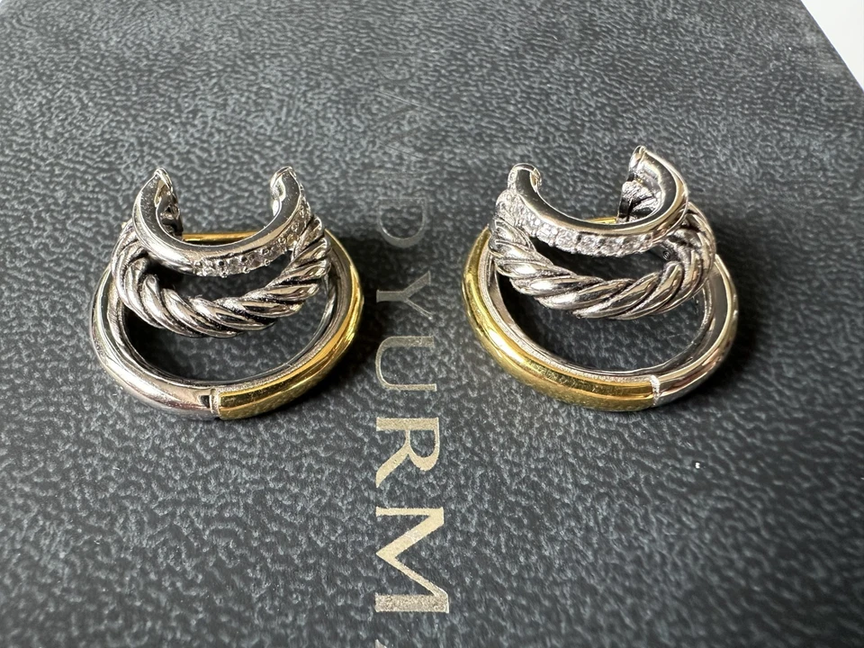 David Yurman Crossover  925/18KTwo-Tone pave diamond Hoop Earrings - Image 2 of 4