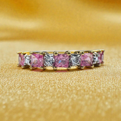 10K Gold- Natural Pink Sapphire & Diamond Ring -Five Stone Stacking Band- Size 7