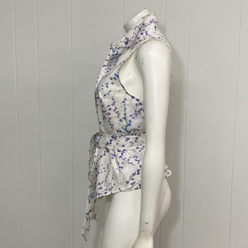 Max Mara Top Womens 8 White Floral Cotton Button Sleeveless Self Tie Chic Italy - Picture 4 of 19