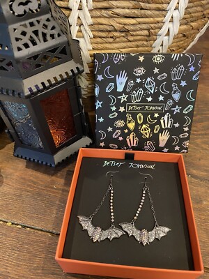 Betsey Johnson Dangling Bat Earrings Silver Crystals and Rhinestones 