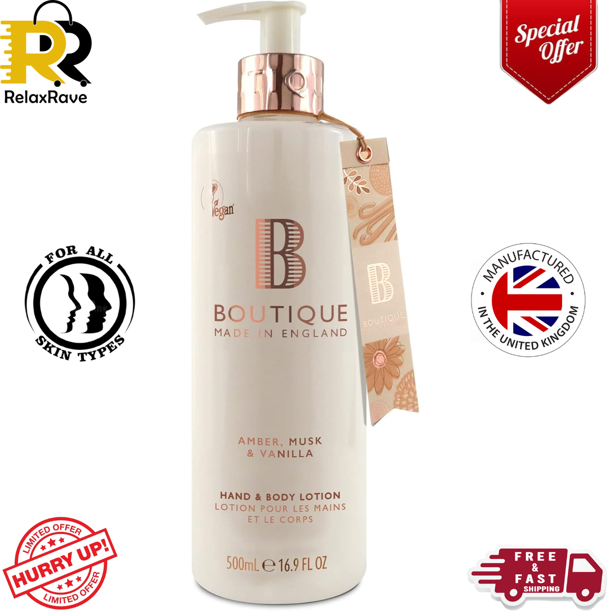 Boutique Amber, Musk Vanilla Fragrance Hand Body Lotion 500ml