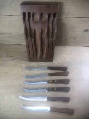 Vintage Robinson Steak Knife Set of 6 Original Wood Holder